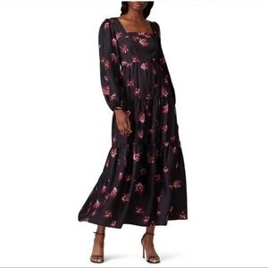 Nicholas black floral square neck silk tiered dress